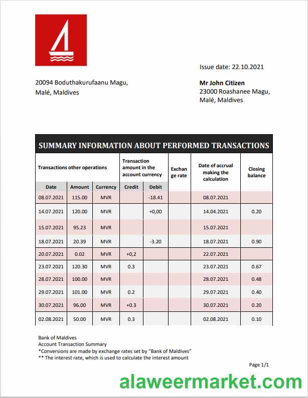 Maldives Bank of Maldives bank statement template in Word and PDF format